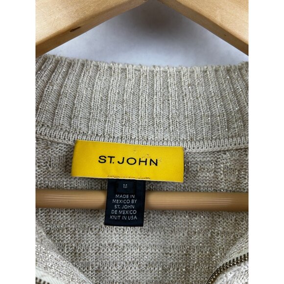 St. John Cardigan Sweater Womens M Metallic Full-Zip Beige Gold Knit Made in USA - Picture 5 of 8